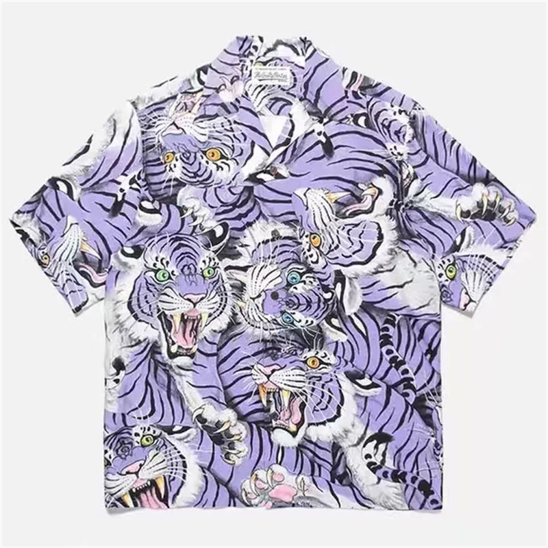 Streetwear WACKO MARIA Short Sleeve Shirt Printed Tiger Vintage Casual Mens Womens Brand Hawaii WACKO MARIA Shirt Tops