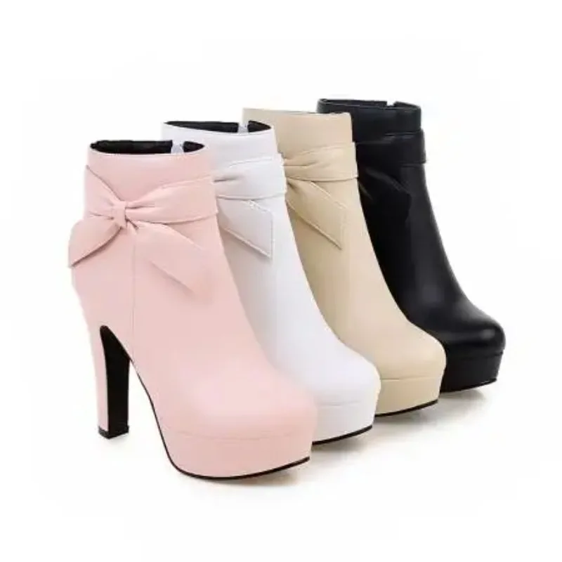 Elegant Short Boots Women Shoes Autumn Winter Women\'s Ankle Boot Platform Sweet Black White Pink Heeled Party Shoes Ladies 2025