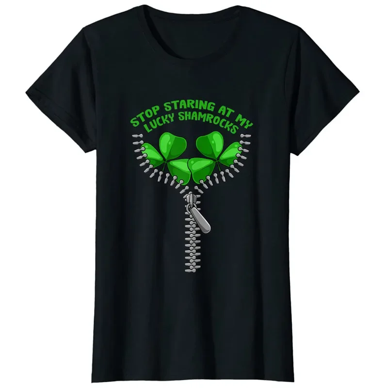 

Womens Stop Staring Shamrock St Patricks Day Clover Pun Humor T-Shirt Gifts Irish Pride Graphic Outfit Tee Tops Cute Apparel