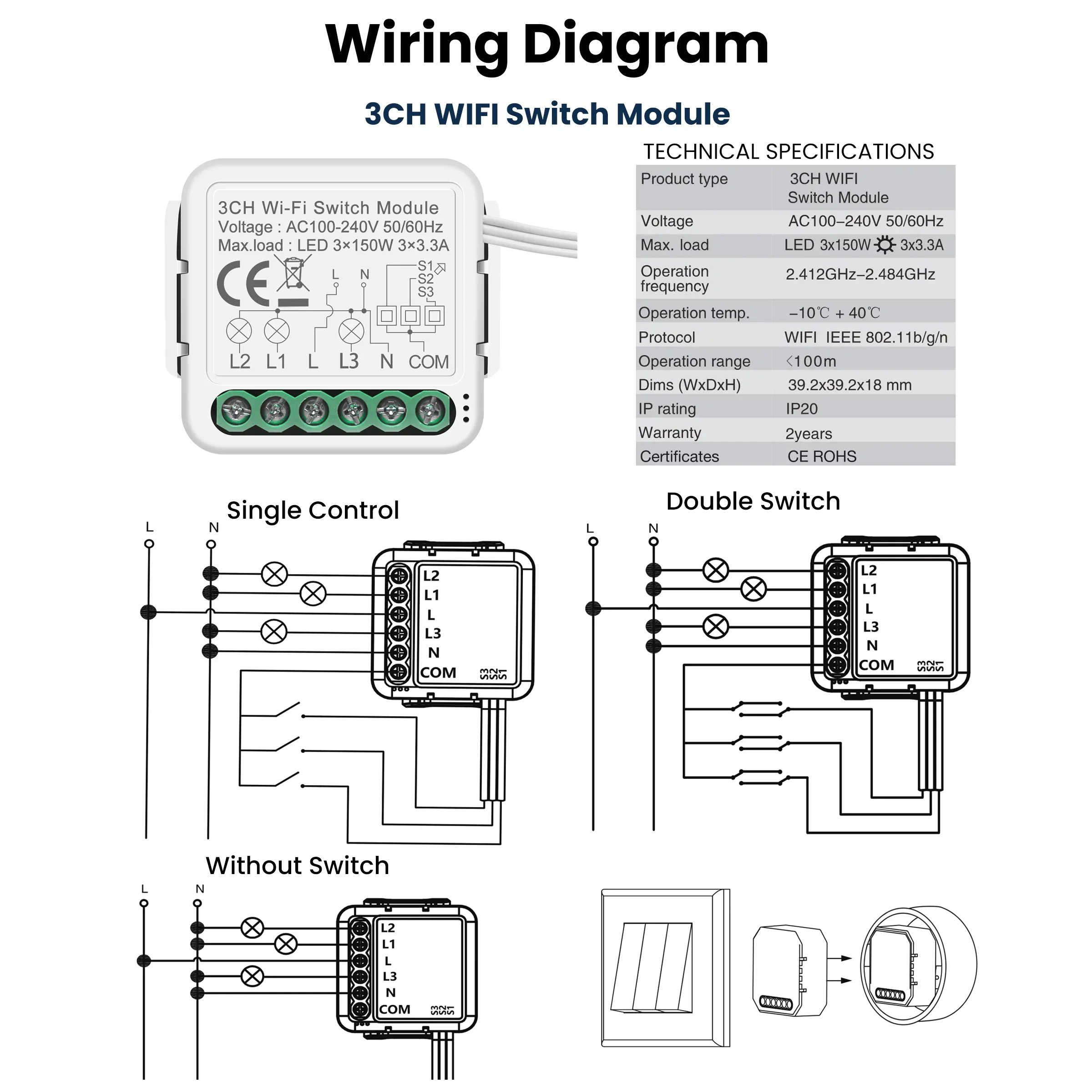 GIRIER Tuya Smart Switch Module WiFi Light Breaker 100-240V Supports 2-way Control for Home Automation Support Alexa Hey Gooigle