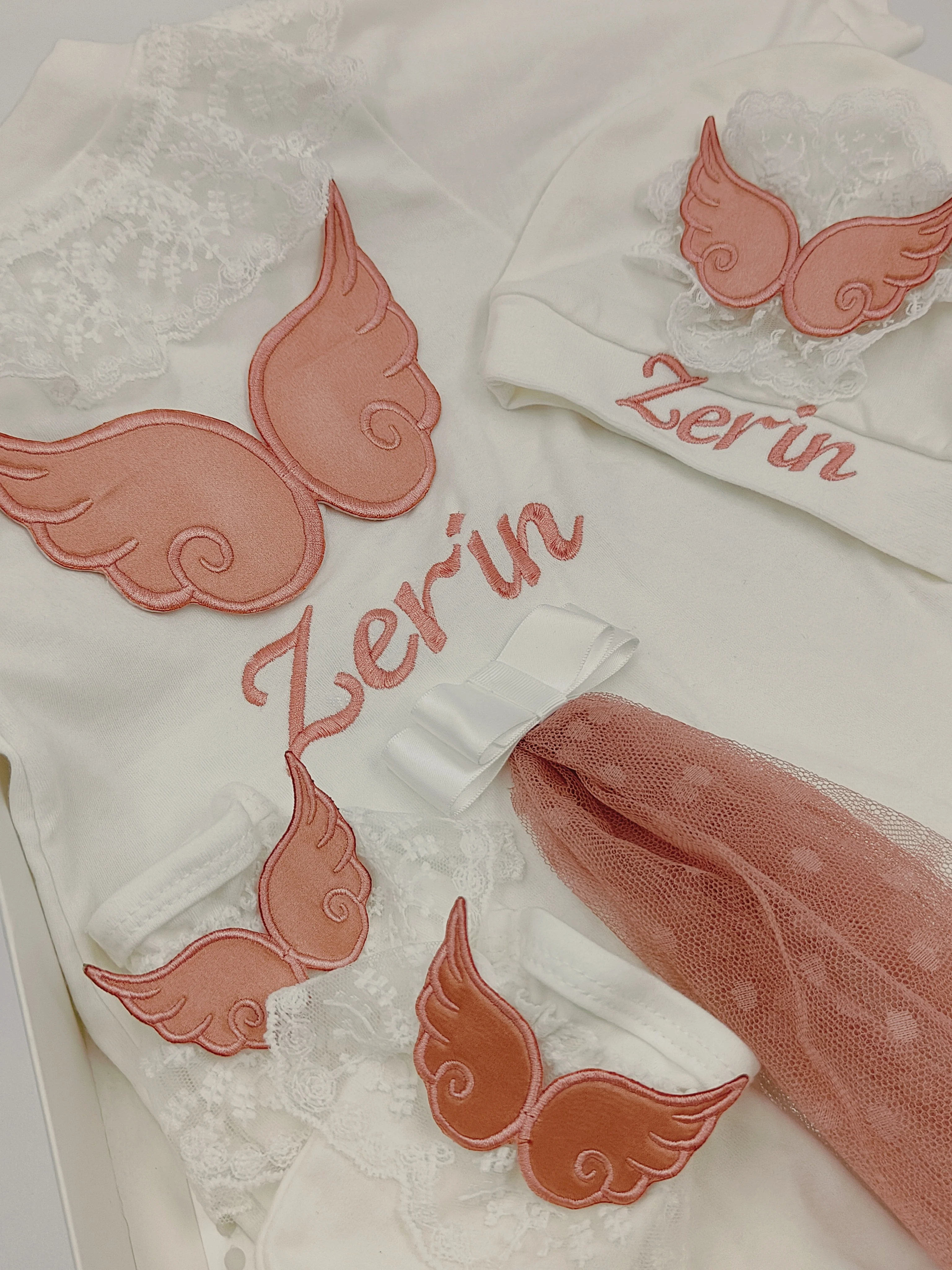 Personalized Baby Girl Angel Wing Footed Onesies 3Pcs Lace Outfit For Newborn Photoshoot