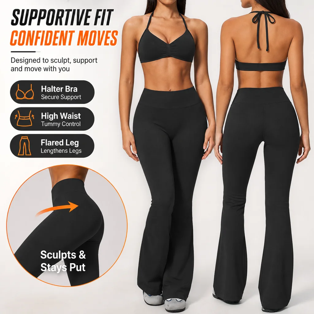 Women 2PCS Halter Yoga Bra Sets Ruched High Waist Flared Leggings Workout Fitness Activewear Matching Outfit