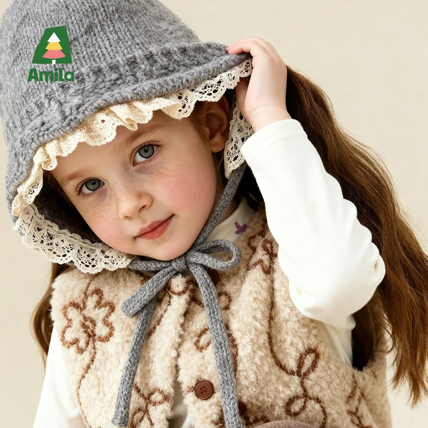 Amila キッズ 冬用ニットレースハット 女の子用、長持ちする暖かさ、防風性、調節可能な伸縮性、絶妙な甘さ