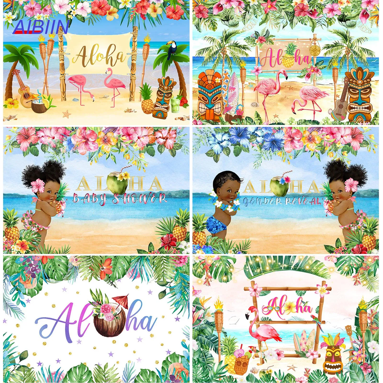 

AIBIIN Aloha Baby Shower Backdrops Summer Tropical Gender Reveal Party Decor Beach Flamingo Pineapple Coconut Photo Background