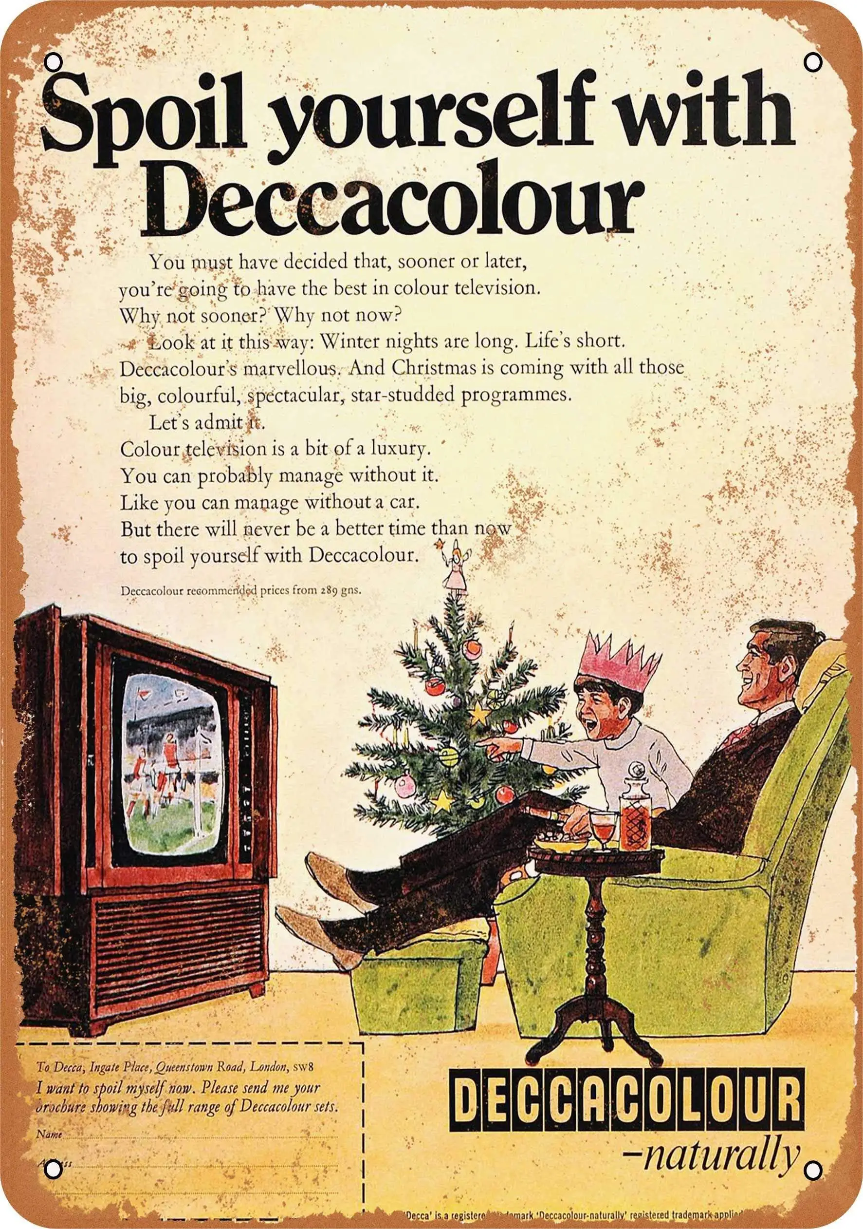 

SLALL 1968 Deccacolour Televisions Retro Street Sign Household Metal Tin Sign Bar Cafe Car Motorcycle Garage Decoration Supplies