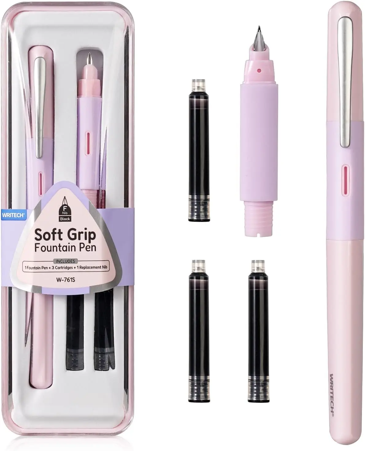 

Перьевая ручка Soft Grip с тонким пером, 3 чернильными картриджами и набором сменных перьев для плавного письма, розового цвета