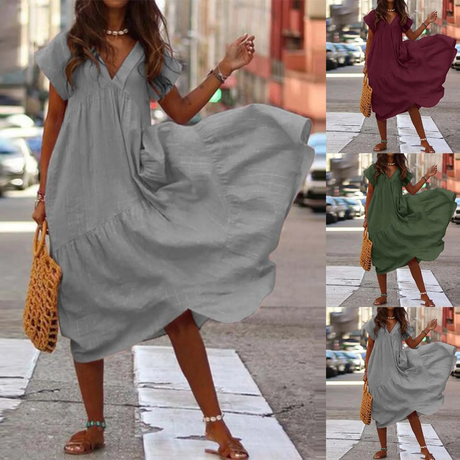 2024 Fashion Women\'s Summer Casual Loose Elegant V-neck Short sleeves Solid Strapless Dress Irregular Hem Maxi Female Dress