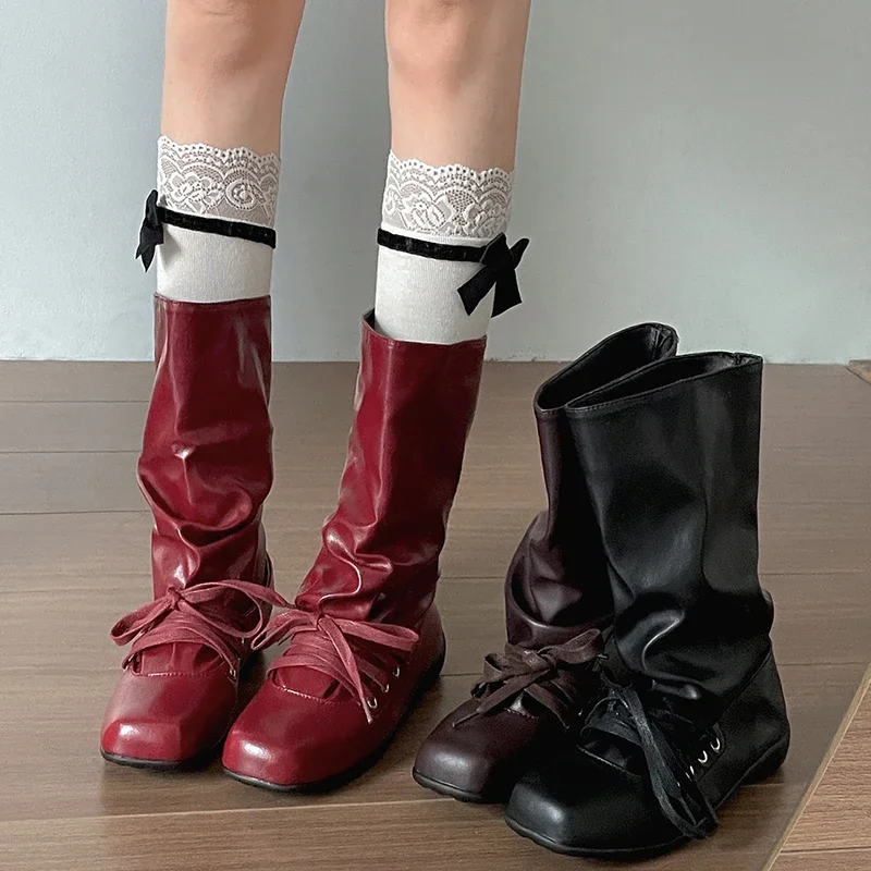 

Vintage Flats Women Western Cowboy Boots Fashion Ladies Square Toe Pleated Knight Mid Calf Booties