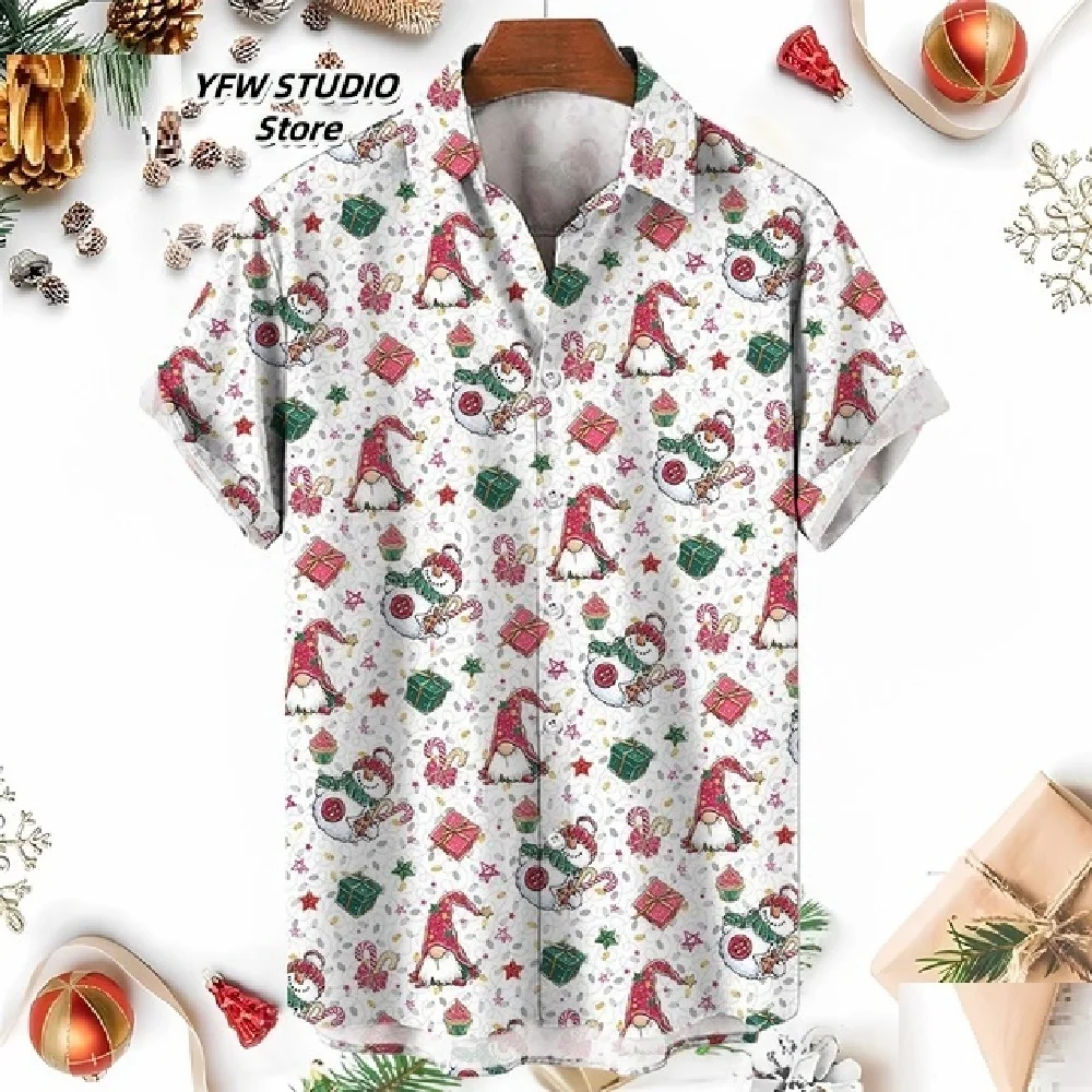 Xmas New Year Gingerbread Christmas Hawaiian Shirt Men's 3D Snowman Print Street Short Sleeved Loose Clothes for Women Clothing