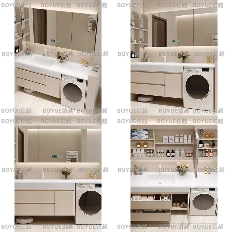 for Washing Machine Wash Basin Integrated Cabinet Rock Slab Hot Bending Ceramic Seamless Integrated Basin Bathroom Cabinet