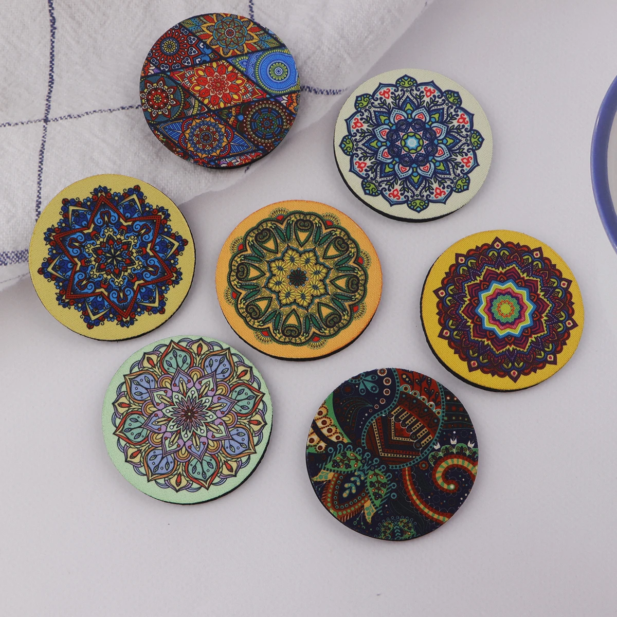 Mandala Pattern Car Coasters Style of Art Rubber Anti Slip Mats Fashion Cloth Water Cup Mats Kitchen Supplies Two Pieces Per Set