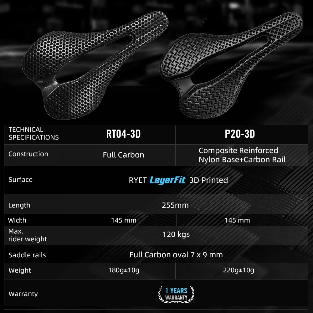 2026 RYET Carbon 3D Printed Bike Saddle, 255mm*145mm Road MTB Mountain Racing Bike Seat Cushion Cycling Seating Bicycle Parts