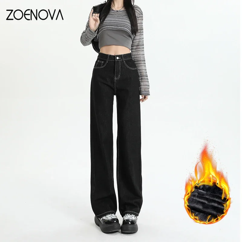 Imagem -02 - Zoenova-jeans Quentes de lã Feminina Fino Versátil Cintura Alta Perna Larga Calças Jeans Retas Streetwear Casual Moda Outono Inverno