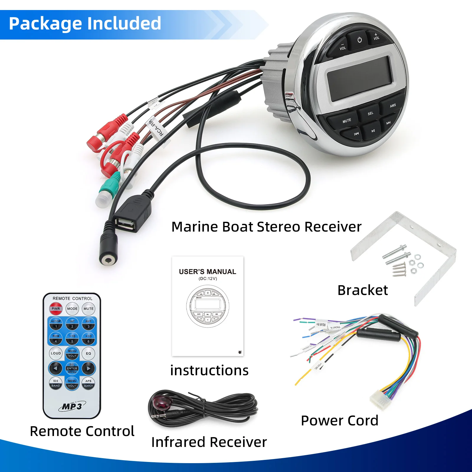 Reproductor estéreo de Radio para barco QC, reproductor multimedia Digital FM AM resistente al agua IPX5 para medidor de yate, ATV, UTV, carrito y motocicleta