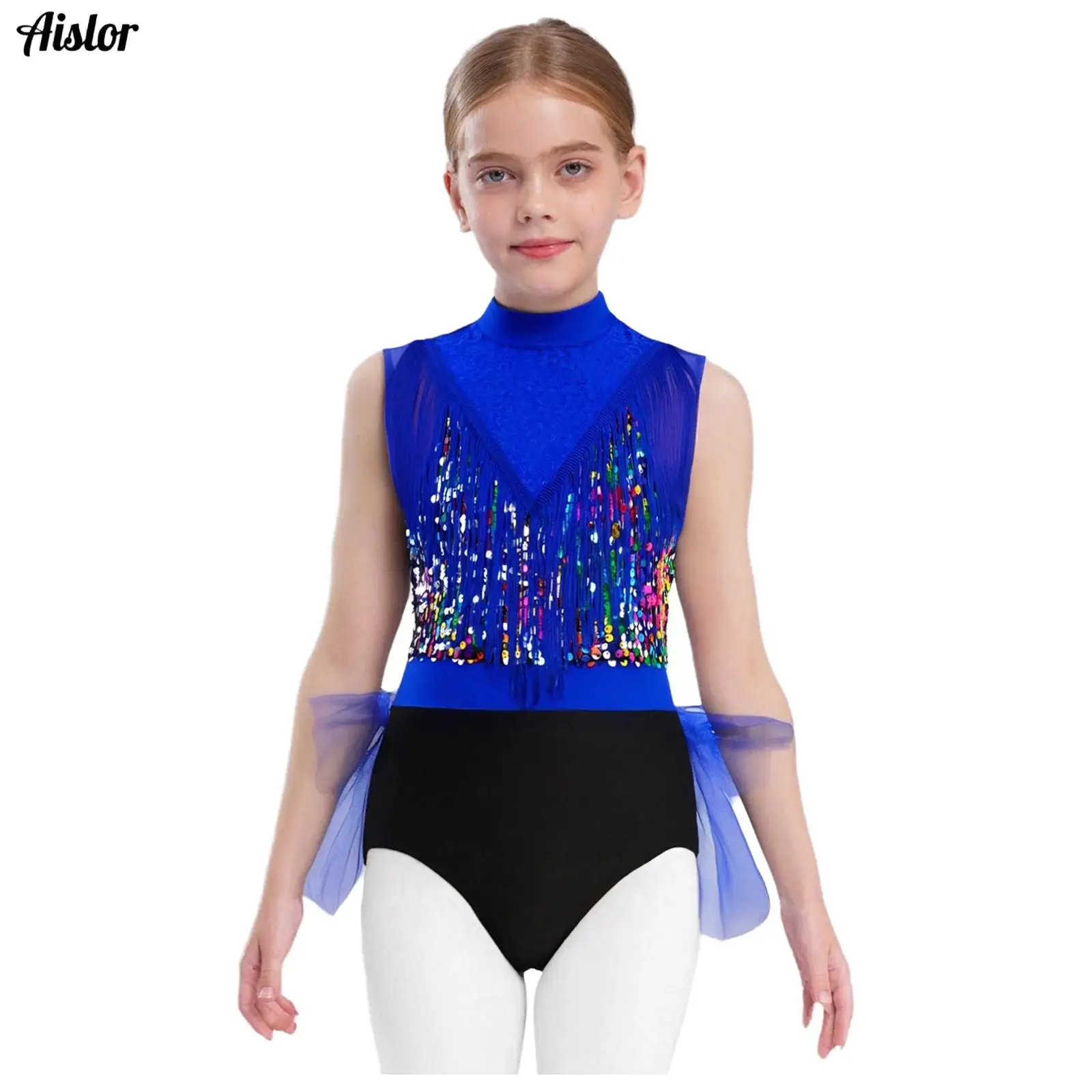 

Kids Girls Latin Jazz Dance Leotard Sleeveless Cutout Back Tassels Shiny Sequins Color Block Bodysuit Stage Performance Costume