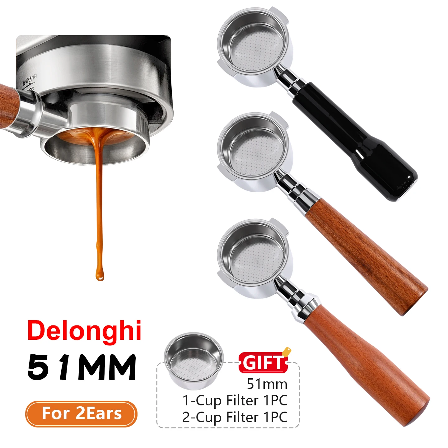 Portafiltro sin Fondo de 51 mm con 2 Orejas para 1/2 Tazas, Accesorios para Máquinas de Espresso Delonghi Stilosa EC260BK/ECP3420/EC155/BCO430