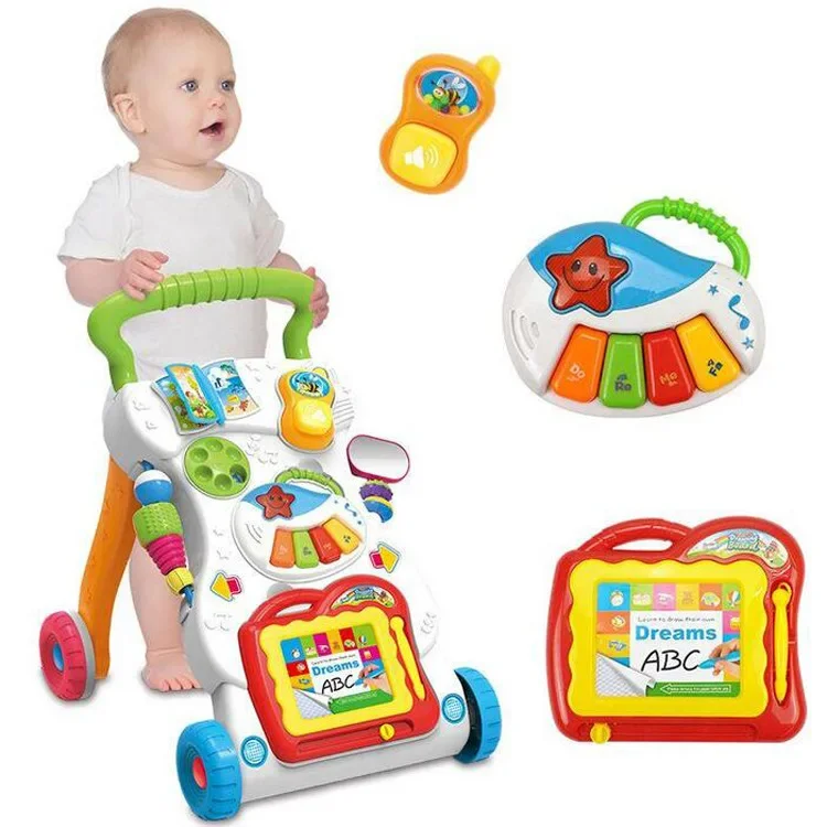 [Funny] Multi-function Adjustable Car Baby Walker Car Help Walk Activity Music phone + Electronic organ + Drawing board baby toy