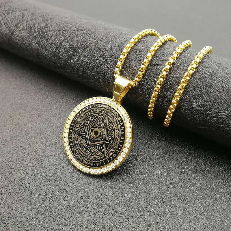 Hip Hop Gold Silver Color Stainless Steel Illuminati Eye Freemasonry Masonic Pendants Necklaces for Men Rapper Jewelry