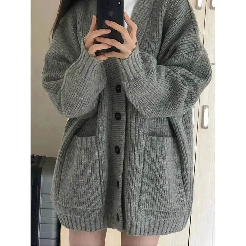 Autumn Grey Women Knitted Cardigan Korean Oversize Pocket V Neck Single Breasted Jumper Casual Loose Preppy All Match Sweater