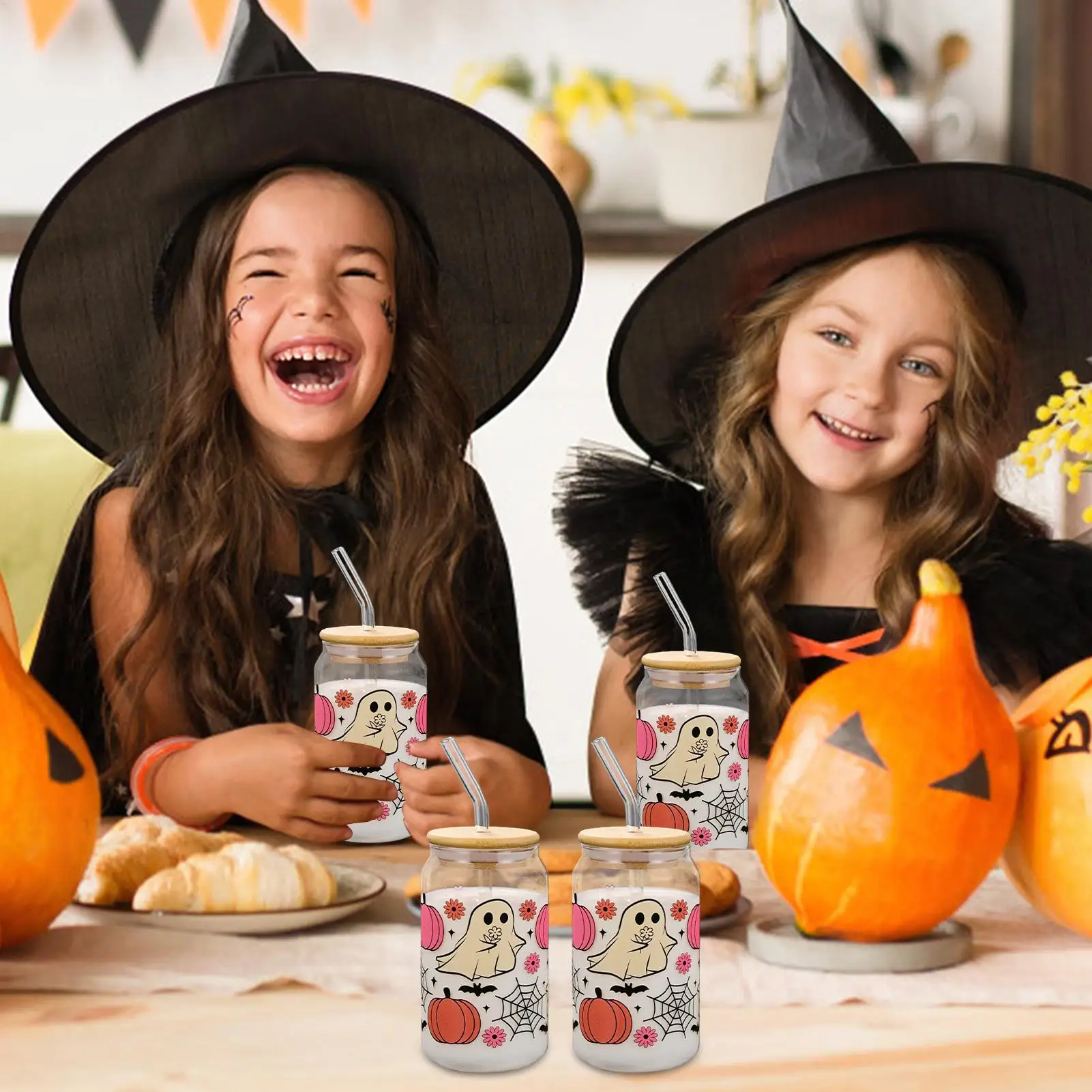 

Halloween Glass Cups With Lids And Straws Pumpkin Ghost Glass Drinking Mug 400ml Cute Mug Tumbler With Lids For Kids Women Teens