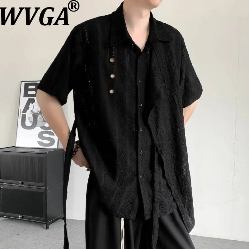 

WVGA Summer New Man Chinese Style Lace-Up Ribbon Dark Pattern Trendy Hollow Out Short Sleeve Shirt Niche Chic Casual Tops W23667