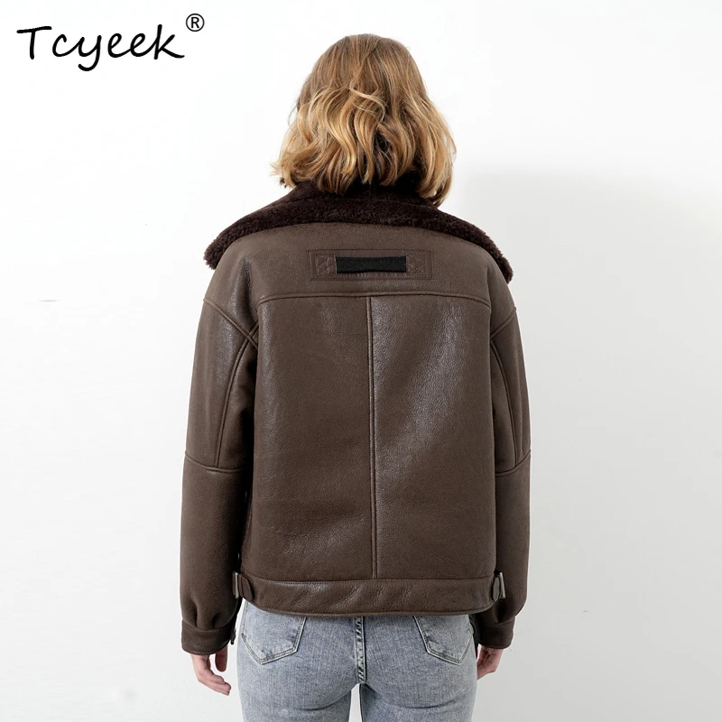 Tcyeek Real Sheepskin Autumn Winter Trendy Retro Motorcycle Caramel Color Short Women's Shearing Wool Fur Coat Manteau Femme