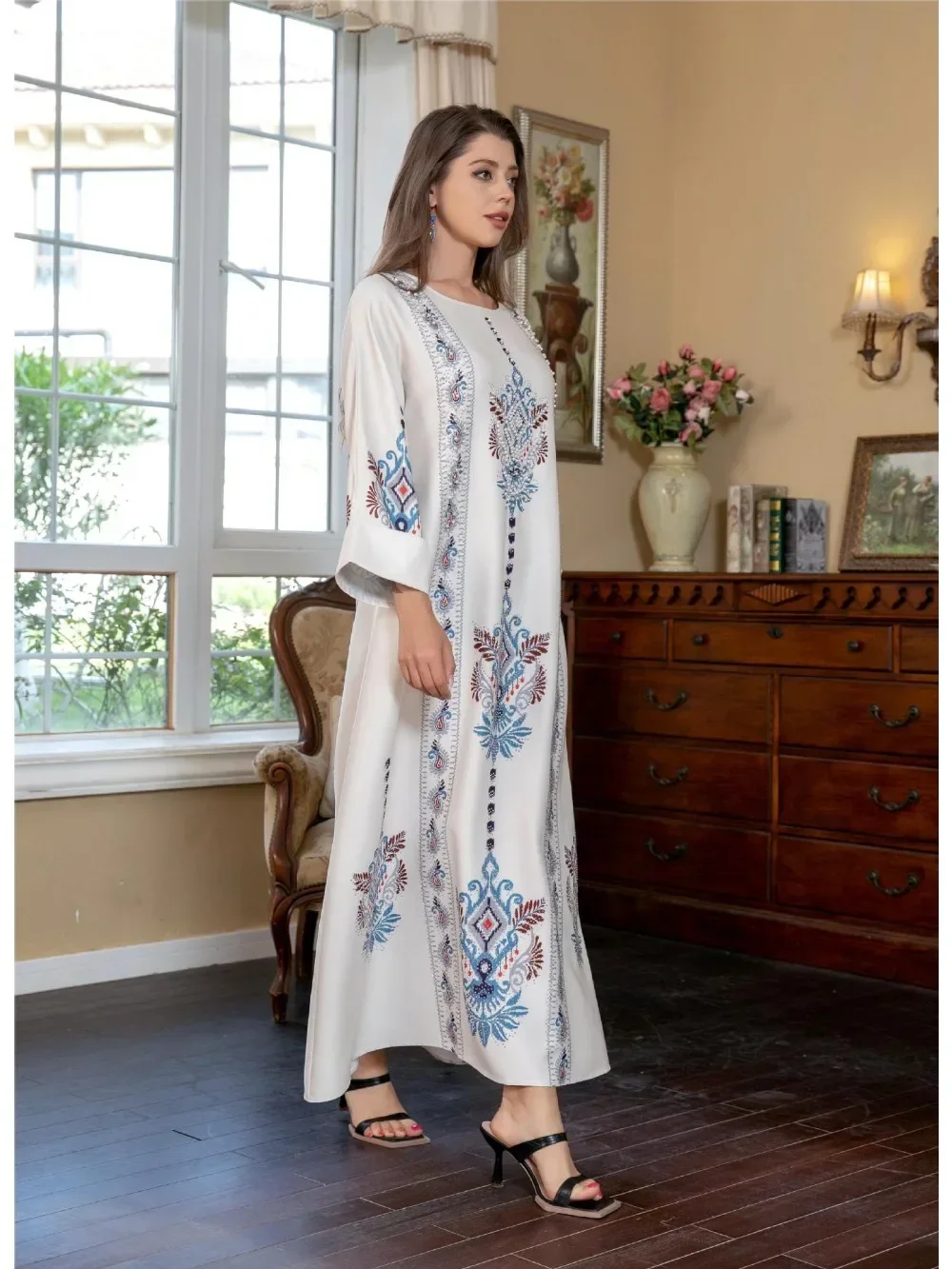 Ramadan marocain caftan Eid musulman Abaya pour les femmes robes de soirée perles Jalabiya dubaï Abayas Islam imprimer robes arabe longue Robe