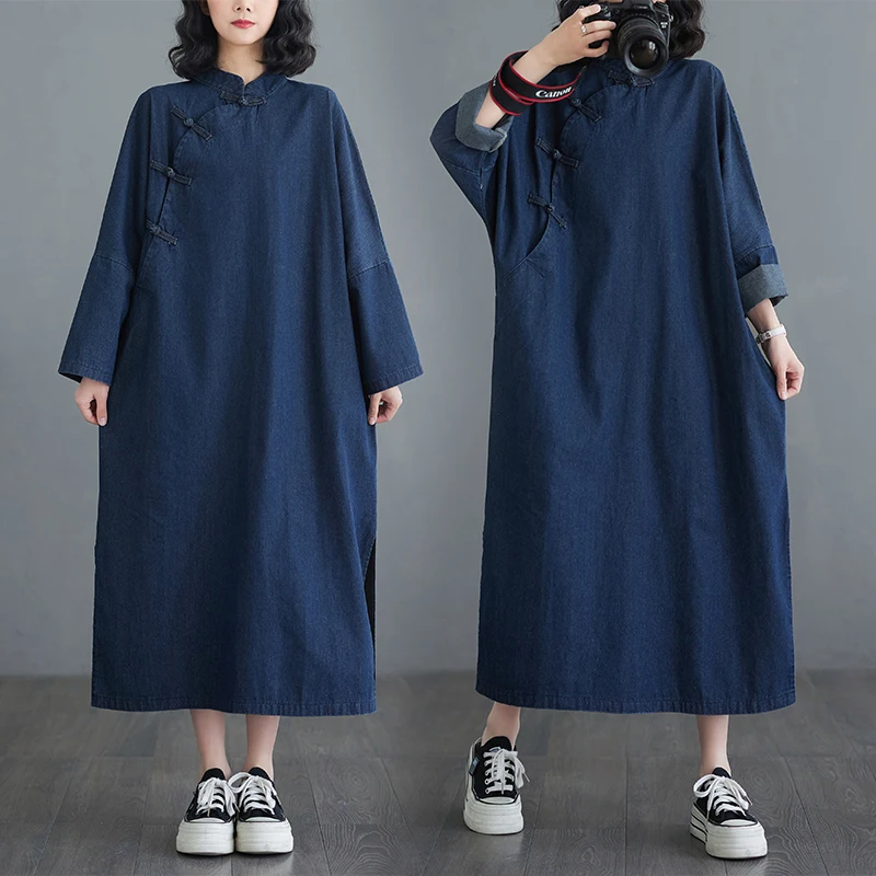 

Джинсовая юбка трапециевидной формы в стиле ретро на пуговицах Dr Long Sve Midi, синие халаты длиной до колена большого размера, этнические женские модные поездки на работу