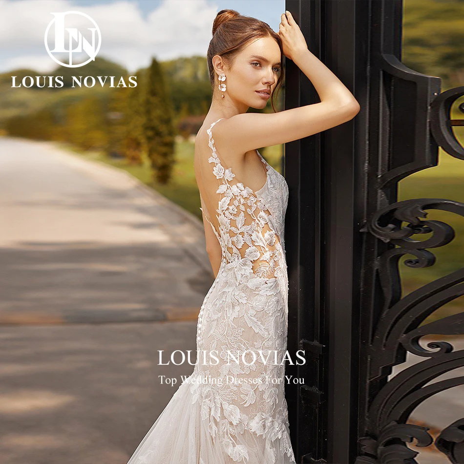 Louis novias sereia vestido de casamento querida cintas de espaguete bordado ilusão tribunal trem vestido de casamento vestidos de novia