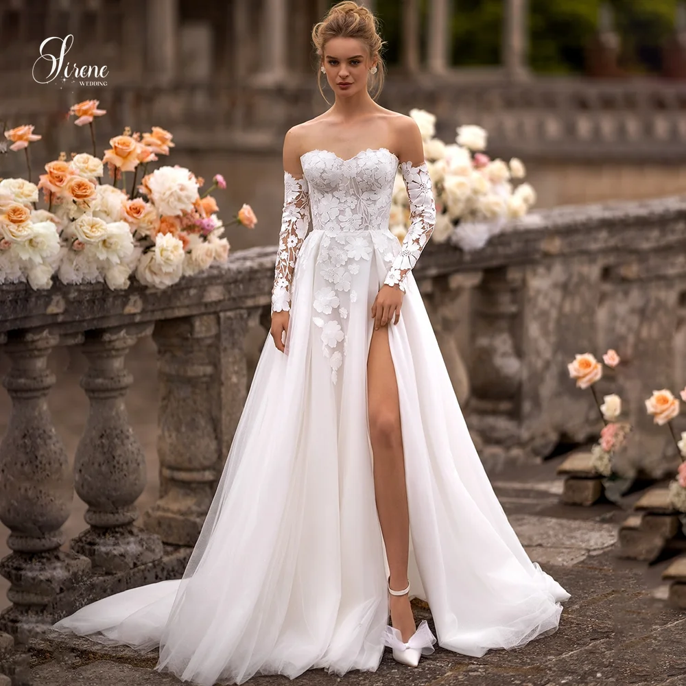 Sirene Strapless Sheer Lace Lange Mouw Eenvoudige 3D Bloemen Hoge Split Open Rug Bruidsjurken Elegante Vestidos De Novia Aangepast