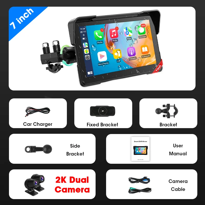 Draagbare 7 "IPX7 Waterdichte Motornavigatie GPS DVR Android Auto Carplay Scherm voor Moto Camera's Video Recorder BT Monitor