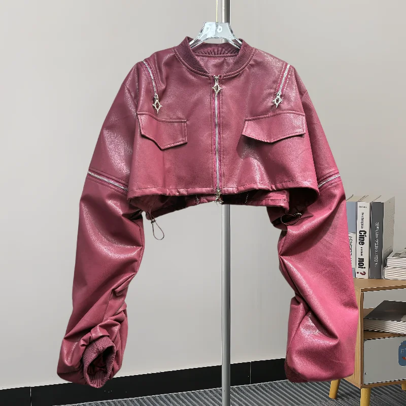 Spring Autumn Women Red Short Faux Pu Leather Coat Stand Collar Long Sleeve Zipper Decoration Drawstring Hem Female Biker Jacket