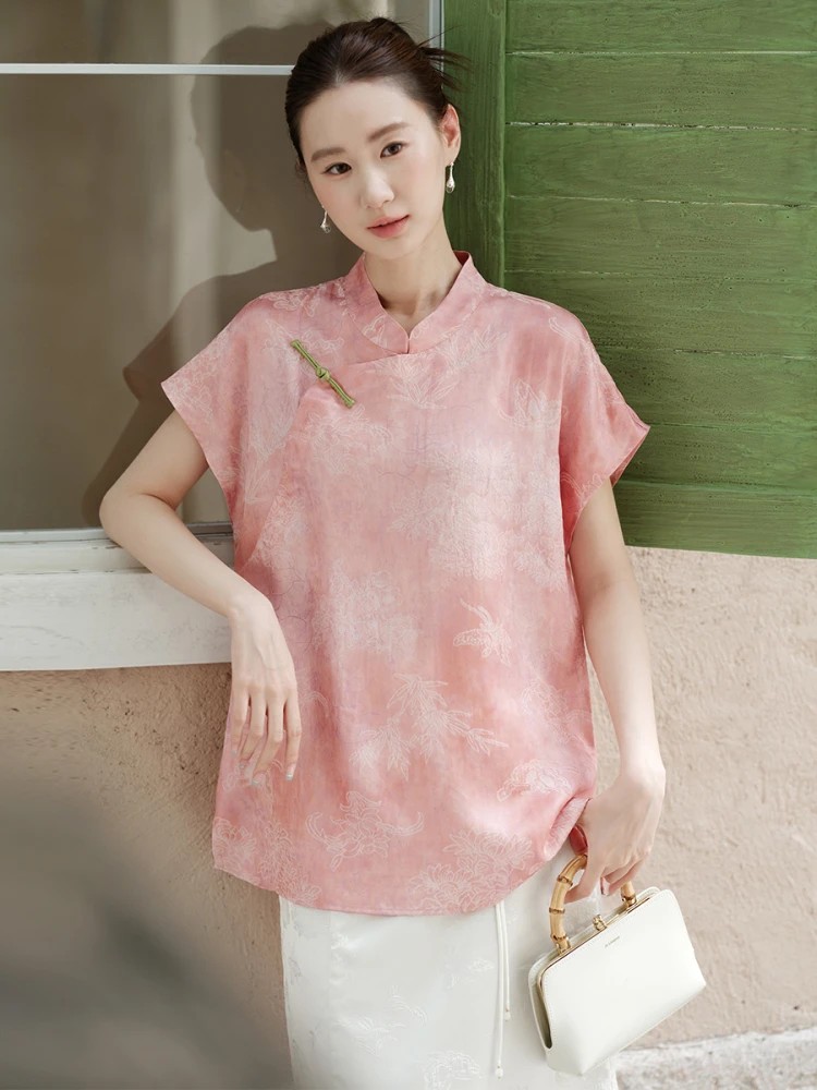 

Loose Women's Chinese Sle Top Summer 2025 Zen Tea Costume Loose Fit Floral Embroidery ort Sve Stand Collar T