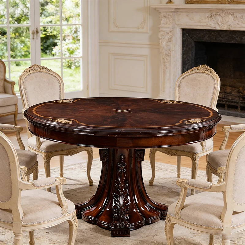 !@Full Handmade Carving Luxury Solid Wood French Style Dinner Table Antique Finish 1.5m Round Dining Table for Home Villa