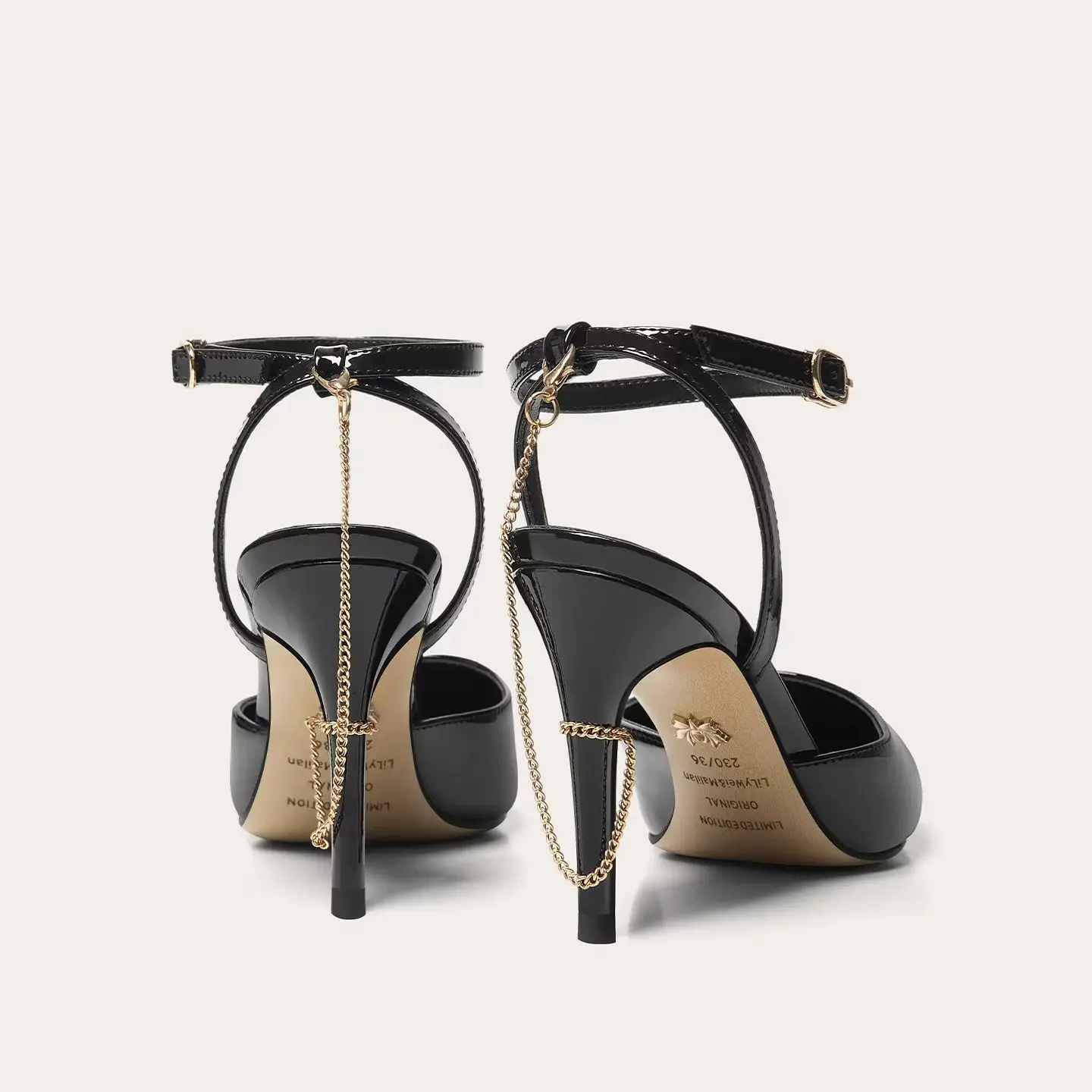 Summer new pointed black patent leather chain sexy sandals party dress big size small size widened high heels women's shoes