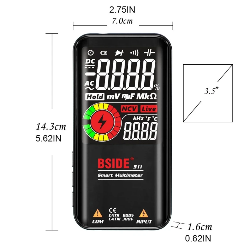 B-SIDE S10 / S11 Cyfrowy dla inteligentnego multimetru Kolorowy wyświetlacz LCD 9999 Cyfrowy kondensator napięcia Ohm Dioda NCV Hz Tester