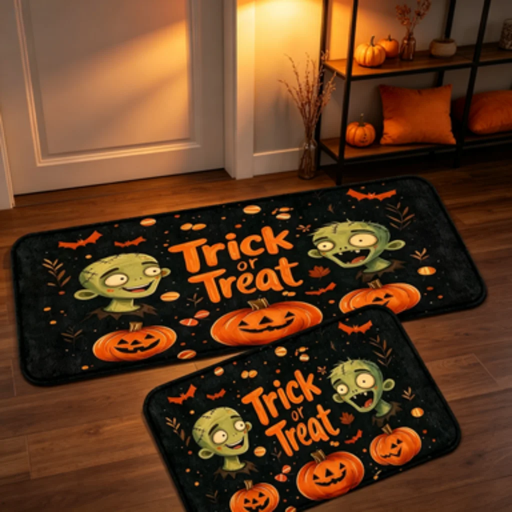 Halloween Floor Mat Set, Trick Or Treat Ghost Pumpkin Doormat, Autumn Fall Anti-Slip Kitchen Entrance Rug, Indoor Holiday Carpet