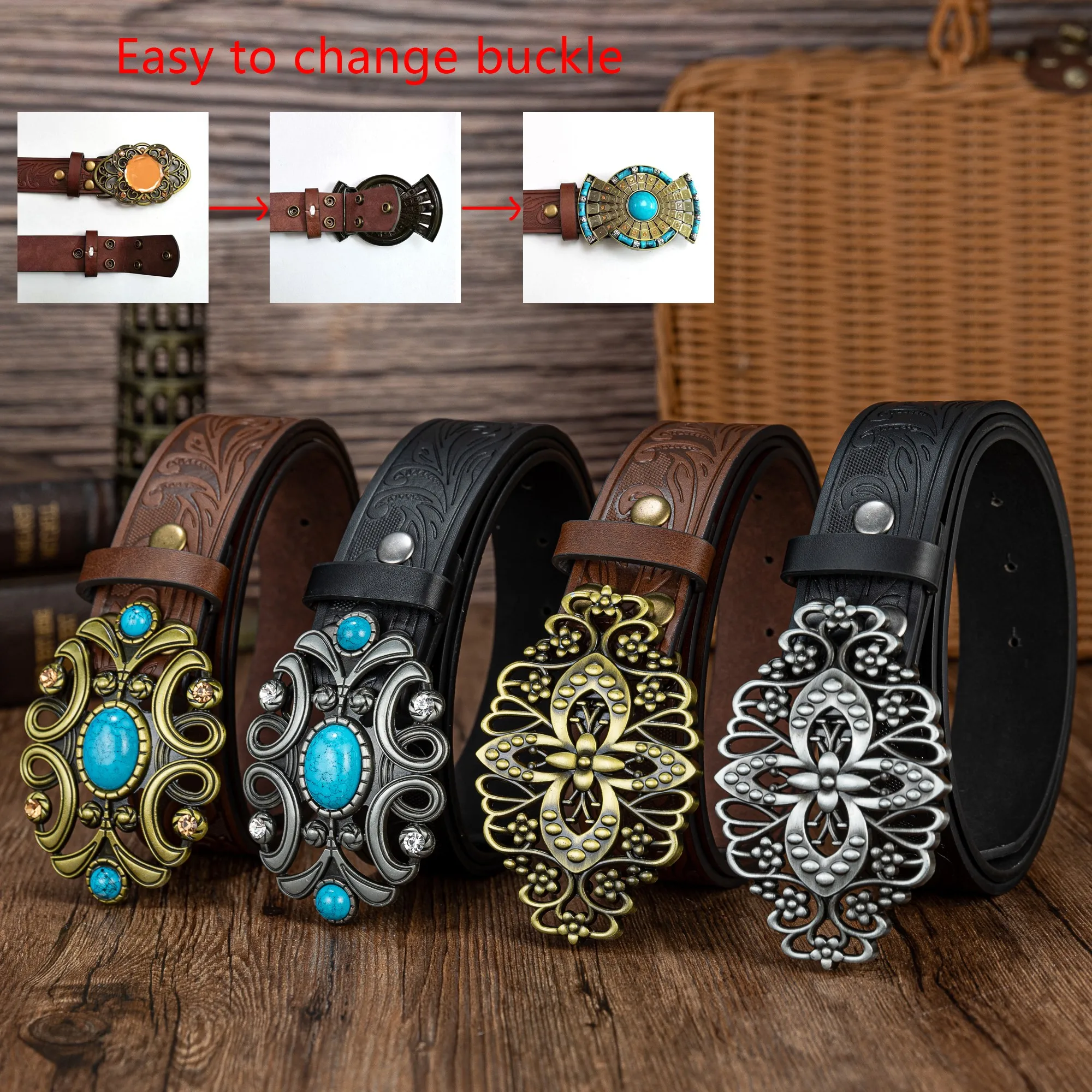 Sapphire line pattern flower big plate buckle simple tail pattern PU embossed button belt