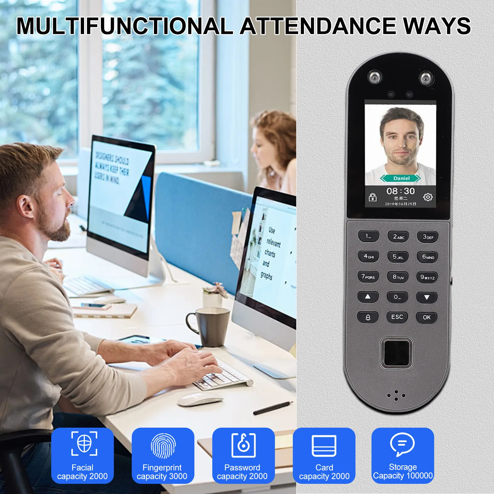 البيومترية على مدار الساعة التعرف على الوجه وبصمات الأصابع نظام الحضور فحص الموظف في مسجل كلمة المرور/بطاقة الهوية التعرف على
