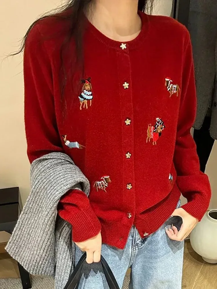 

Красный вязаный открытый кардиган с вышивкой, весенне-осенний модный круглый свитер с героями мультфильмов, верхняя одежда, топ на одной пуговице, женский Cl...