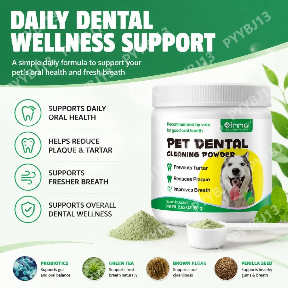Pet Dental Cleaning Powder for Dogs-Tartar Control,Plaque Remover,Fresh Breath-Probiotics & Green Tea Oral Care Powder,80g