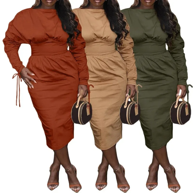 

Spring 2024 Elegant African Long Sleeve O-neck Party Evening High Waist Drawstring Casual Midi Dresses African Dresses for Women