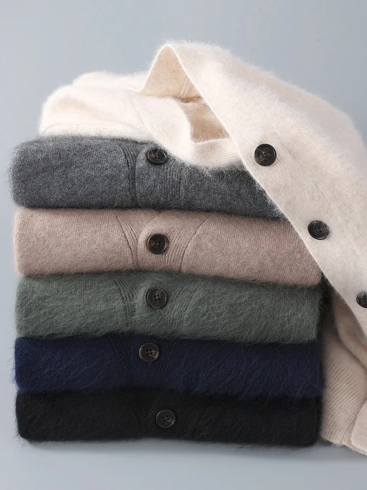 Cardigan da uomo con scollo a v 100% visone Cashmere autunno inverno nuovo cappotto lavorato a maglia di grandi dimensioni maglione Casual caldo di mezza età giacca allentata