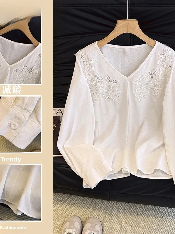 เสื้อปักลายหนัก แขนยาว ทรงโอเวอร์ไซส์ คอวี สไตล์ลำลอง หลวมๆ สำหรับผู้หญิง  คอลเลคชั่นฤดูใบไม้ร่วง ดีไซน์ใหม่ ประดับเลื่อมวิบวับ แฟชั่นพรีเมียมสำหรับผู้หญิง