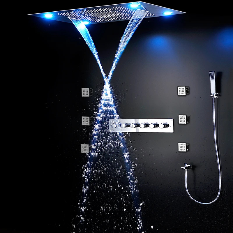 

hm LED Shower Head Rain Curtain Mode Thermostatic Shower Mixer Set Faucet