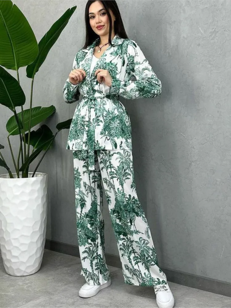 Office Lady Elegant Print Two Piece Pant Sets 2024 Spring Autumn Fashion Lapel Long Sleeve Shirts + Lace Up Wide Leg Pants Set