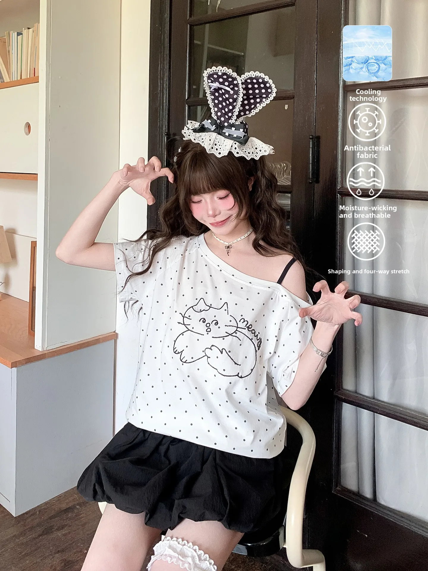 

Sweet Style Embroidery Polka Dot Shoulder Women's T-shirt Summer Breathable Loose Fit Short Sleeve Casual Cotton Blend