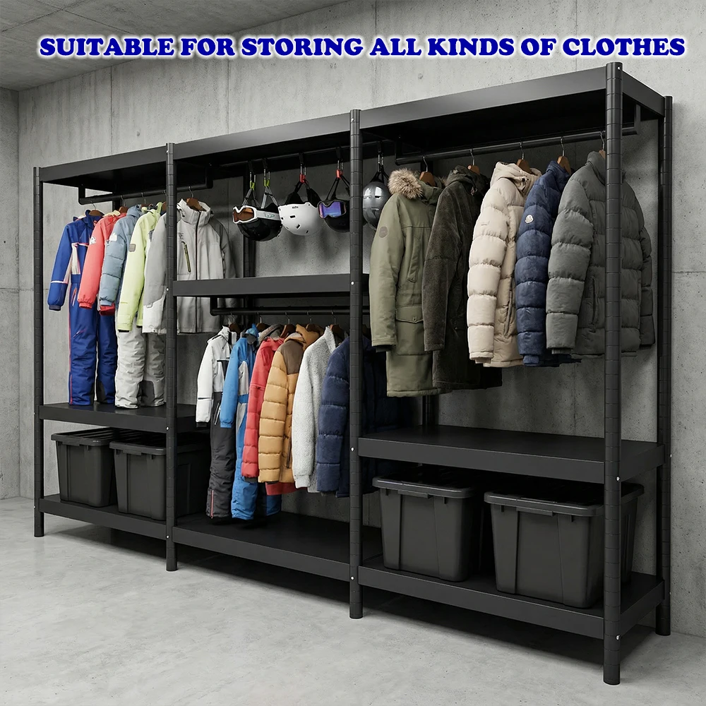Kommerzieller Kleiderständer 1300LBS, 4-stufiger Kleiderständer aus massivem Stahl, freistehender Kleiderschrank-Organizer für Boutique & Haushalt, Schwarz