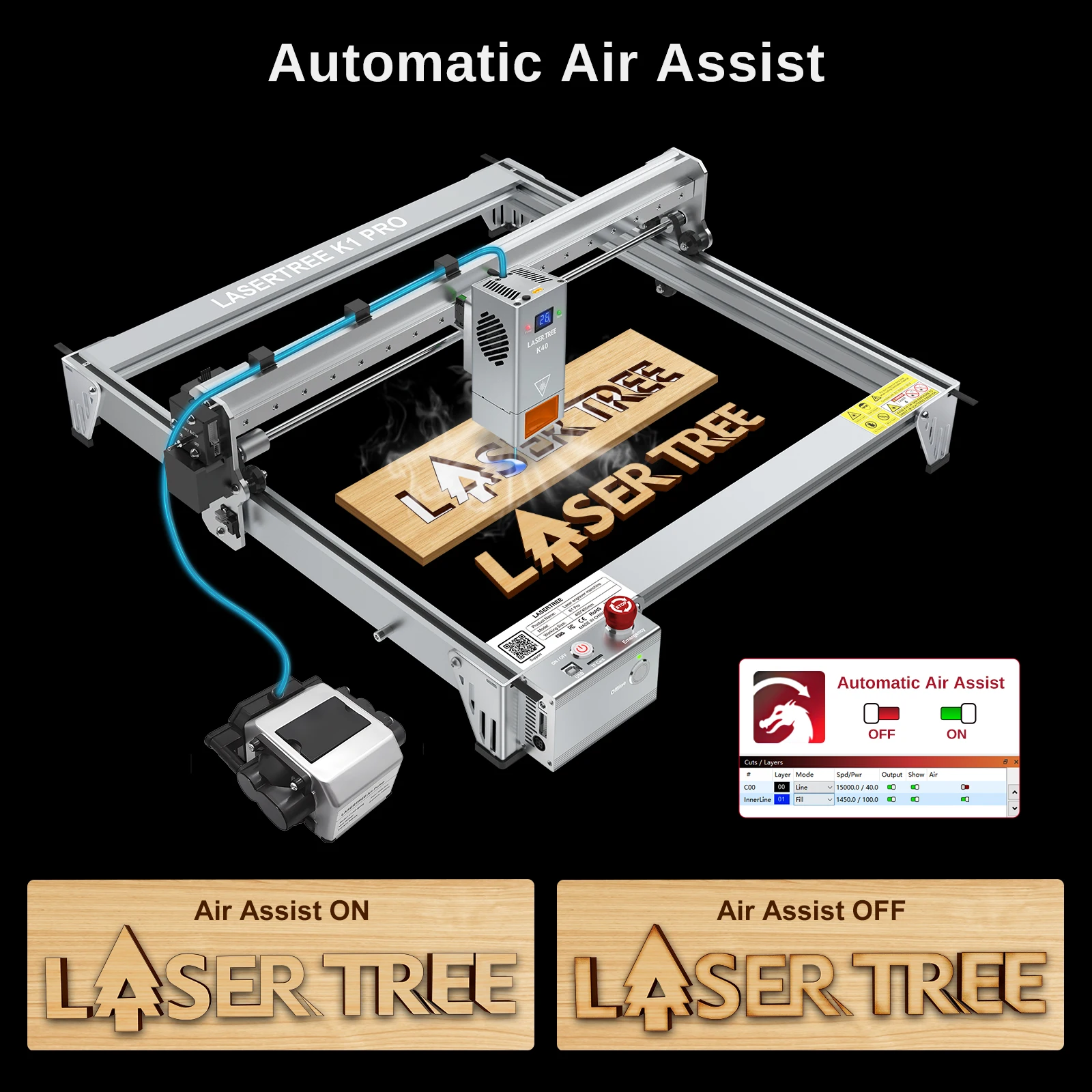 Imagem -05 - Máquina de Gravação a Laser Laser Tree k1 Pro Área de Gravação 400x400 mm 30w 40w Laser Head Ferramentas para Gravação a Laser para Madeira