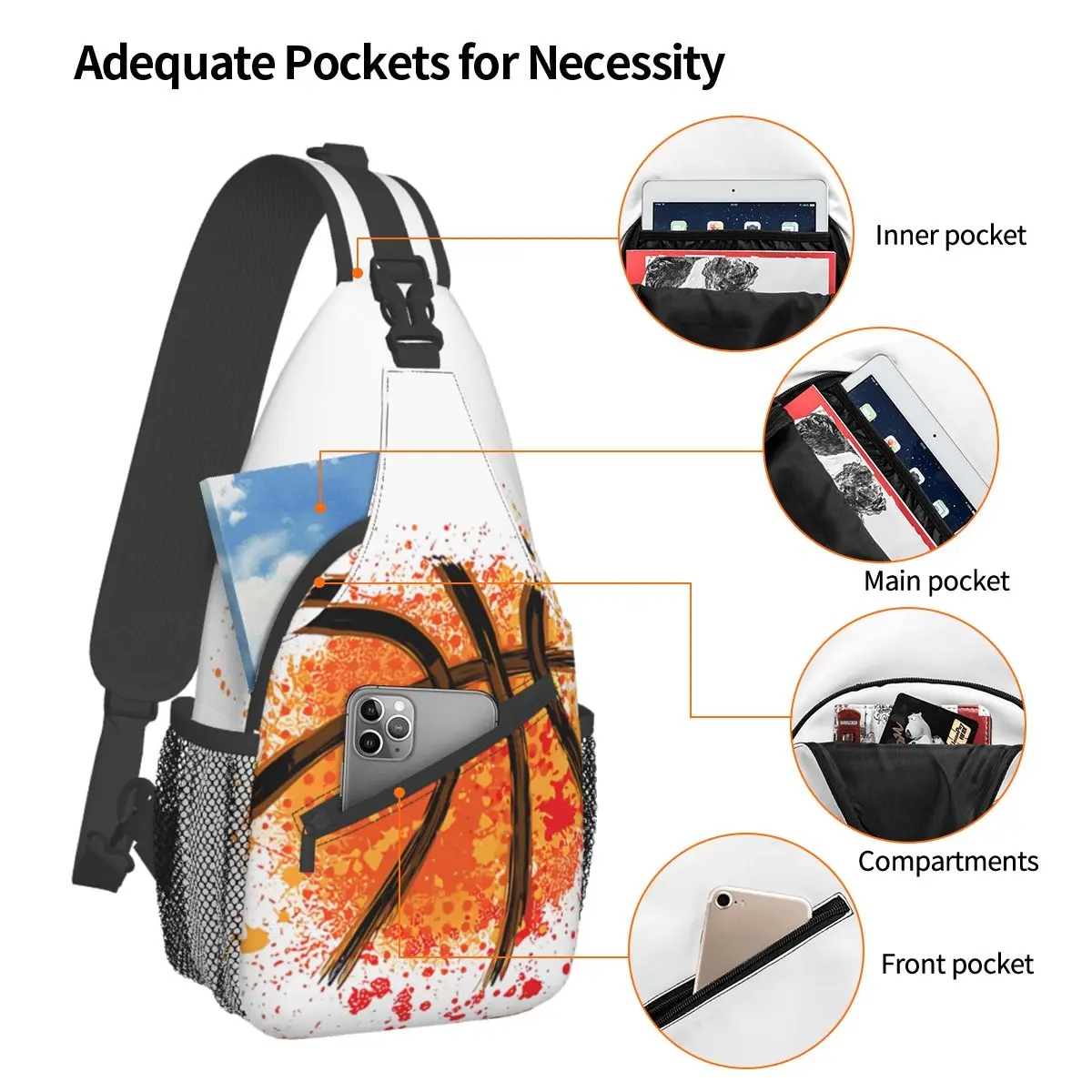 Bolso de pecho cruzado de baloncesto naranja con bolsillos, paquete de viaje, bandolera deportiva para adolescentes, Unisex